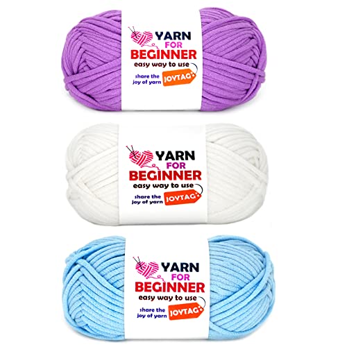 Yarn for Crocheting and Knitting Cotton Crochet Knitting Yarn for Beginners with Easy-to-See Stitches Cotton-Nylon Blend Easy Yarn for Beginners Crochet Kit(3x50g)-(Purple+White+Blue) - Purple+White+Blue - 3 Pack-Mixed