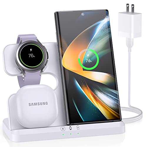 ZUBARR Wireless Charger for Samsung Charging Station and Android Multiple Devices 3 in 1 Fast Charger Stand for Phone Galaxy Z Flip 5/4/3 Z Fold S23 Ultra S22 S21 S20, Galaxy Watch 5/4/3, Buds (White) - White
