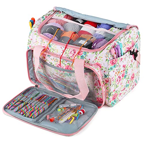Coopay Yarn Storage Crochet Bag, Large Capacity Yarn Bag for Yarn and Knitting & Crochet Supplies, Knitting Bag with Detachable Shoulder Strap, Beautiful & Portable Knitting Tote Bag(Bag Only) - Flower Printing