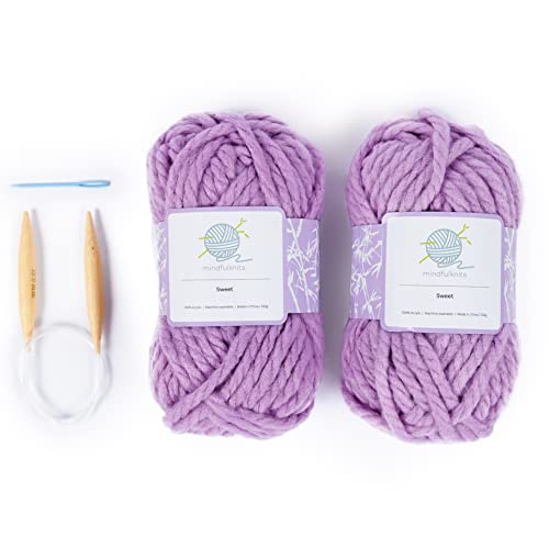 mindfulknits Learn to Knit Kit - Knit a Chunky Beanie - Knitting Needles, Yarn Needle & Acrylic Chunky Bulky Knitting Yarn- Sweet -Beginners Basic Knitting Supplies Set for Relaxation & Stress Relief - Sweet