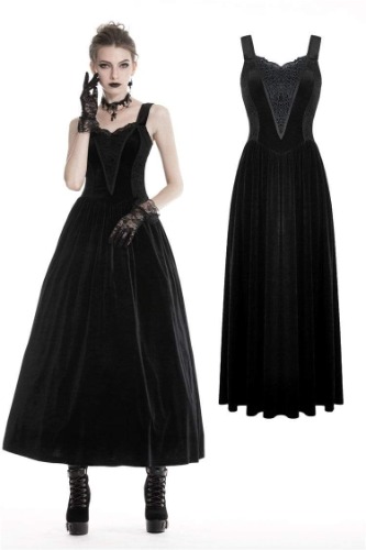 Women's Gothic Lace-up Maxi Strap Dresses | BLACK / L