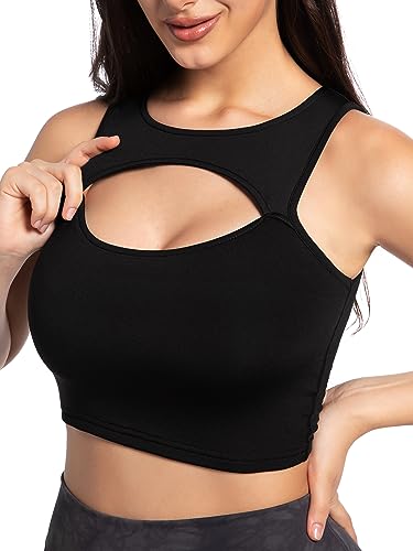 YAILIA Sexy Crop Tops for Women Going Out Front Cutout Double Layer Crew Neck Sleeveless Corset Cropped Tank Tops - Large - Black