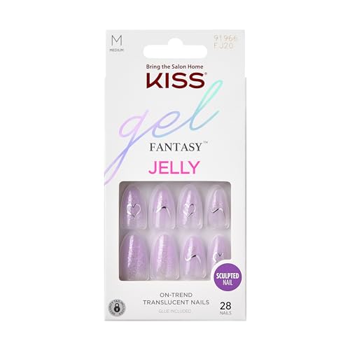 KISS Gel Fantasy, Press-On Nails, Nail glue included, One Day Jelly', Light Purple, Medium Size, Almond Shape, Includes 28 Nails, 2G Glue, 1 Manicure Stick, 1 Mini File