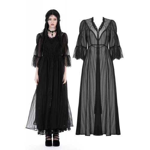 Women's Gothic Half-sleeved V-neck Sheer Coat | BLACK / L