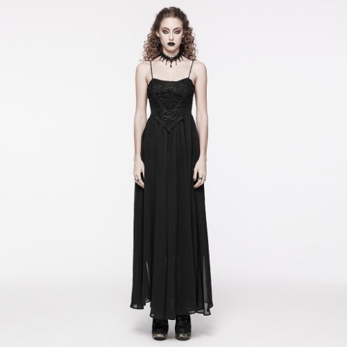 Women's Gothic  Floral Embroidered Lace-up Slip Dress | BLACK / L