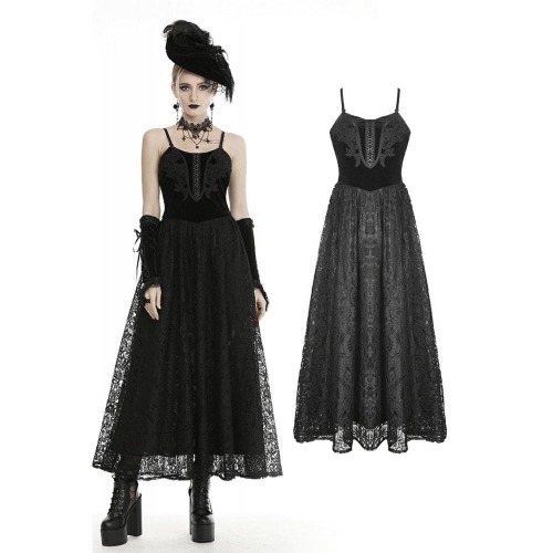 Women's Gothic Velet Splicing Lace Slip Dresses | Black / L