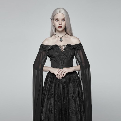 Women's Goth Off Shoulder Multilayered Lace Witch Gown Wedding Dress | BLACK / L