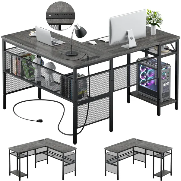 Unikito L Shaped Computer Desk with USB Charging Port and Power Outlet, Reversible L-Shaped Corner Desk with Storage Shelves, Industrial 2 Person Long Gaming Table Modern Home Office Desk, Black Oak - Black Oak