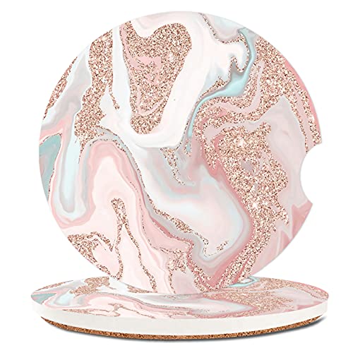Modern Rose Gold Glitter Coral Cup Holders Car Coasters,Ceramic Stone Drinks Coaster Set for Women Man 2.56"(2 Pack) - Modern Rose Gold Glitter Coral Gray Pastel Marble