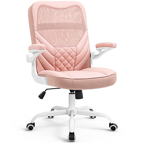 SEATZONE Home Office Desk Chairs Pink Leather Computer Chair with Foldable Armrests Office Chairs for Long Hours, Height Adjustable 360° Swivel Chair with Adjustable Backrest - Pink Leather