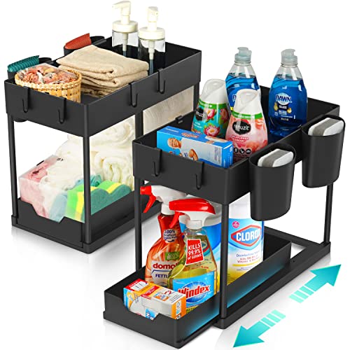 2 Pack Under Sink Organizers and Storage with Sliding Drawer, 2 Tier Bathroom Organizer Under Sink, Kitchen Under Cabinet Organizer Bathroom Sink Organizer with Hooks and Cups, Modern Black