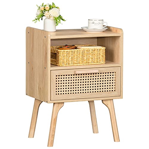 Lerliuo Rattan Nightstand, Boho Side Table with Drawer Open Shelf, Cane Accent Bedside End Table with Solid Wood Legs for Bedroom, Dorm and Small Spaces - Natural - 1 pack