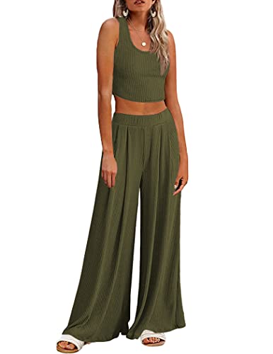 Ekouaer Women's 2 Piece Lounge Sets Ribbed Knit Crop Top Wide Leg Pants with Pockets S-XXL - Sleeveless - Medium - Army Green