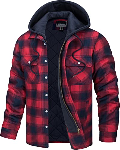 TACVASEN Men's Winter Shirt Jackets Thick Plaid Flannel Shirts Detachable Hood Quilted Lined Cotton Coat Shacket - Red - Medium
