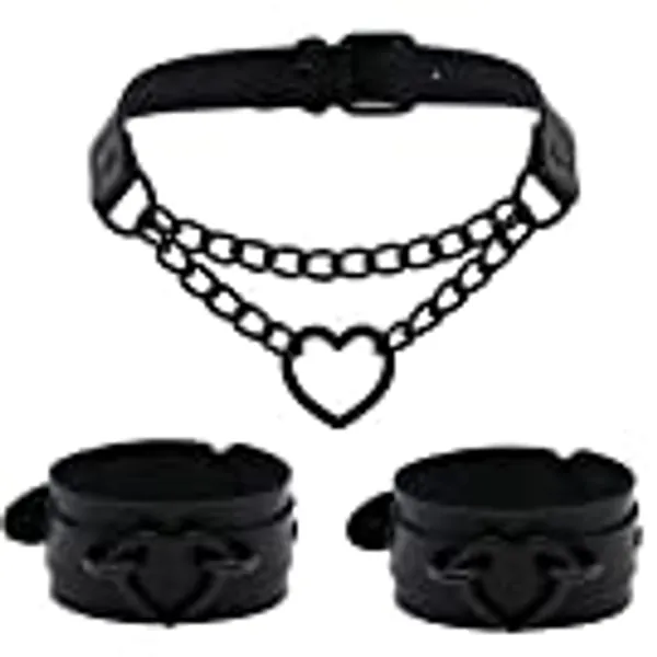 Tosmifairy Heart Choker Necklace and Bracelets Wrist Cuffs Goth Submissive Jewelry Set for Women Girl Sexy