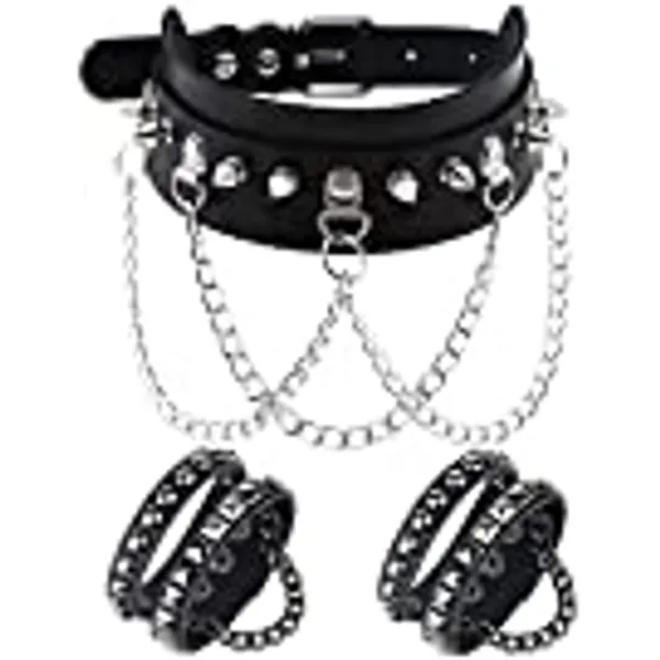 Tosmifairy Chains and Studs Black Leather Choker Necklace and Cuff Bracelets Goth Emo Jewelry Set for Women Teen Girls