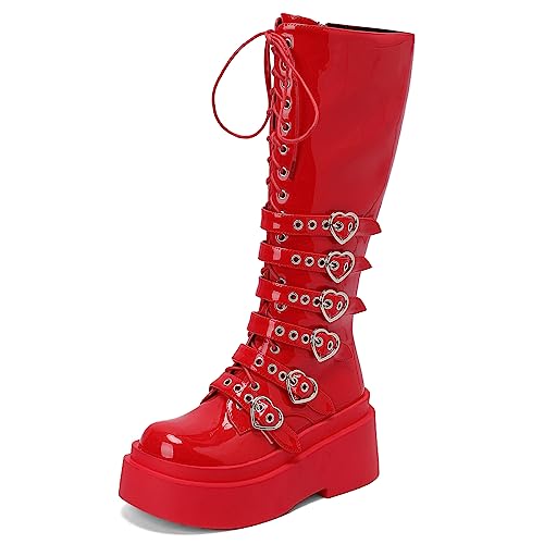 LIPIJIXI Femmes's Thick Heel Goth Knee Bottes Hautes Heart-Shaped Plateforme Heel Punk Bottes - 40 EU - 020 Rouge