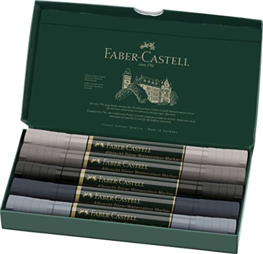 FABER-CASTELL 160306 - Aquarellmarker Albrecht Dürer mit Doppelspitze für flächigen und präzisen Farbauftrag, 5er Etui, Grautöne, grau