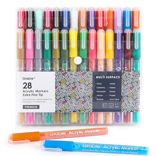 Grabie Acrylfarbstifte, extra feine Marker zum Malen verschiedener Oberflächen, 28 Farben, Premium-Kunstzubehör-Set - Acryl-Marker mit extra feiner Spitze, 28 Farben
