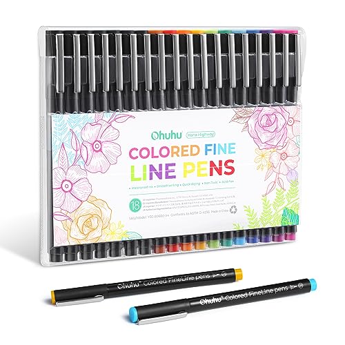 Fineliner Set 18er, Ohuhu 11 Fineliner Bunt & 6 Fineliner Schwarz mit 1 Brush Pen - Wasserfest Tuschestifte für Handlettering, Skizzieren, Schreiben, Künstlerische Illustration, Technisches Zeichnen - 7 Schwarz + 11 Farben