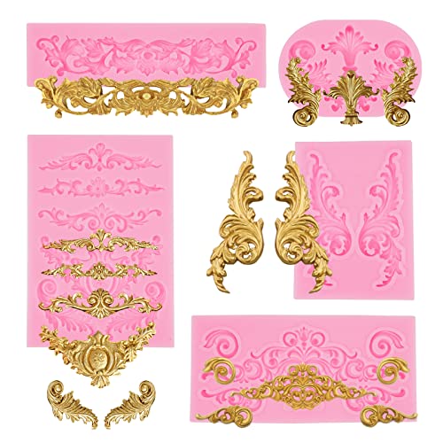 5 Stück Barock Fondant Formen Silikon, 3D Barock Vintage Silikonform Fondant, Blumenrebe Fondantform, Stuck Ornamente Formen Fondant für Fudge, Kuchen, Schokolade, Dessertdekoration, Seife
