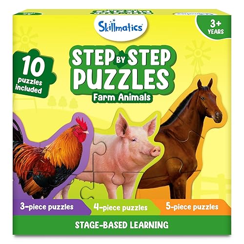 Skillmatics Step by Step Puzzle - 40 Piece Farm Animal Jigsaw & Toddler Puzzles, Stocking Stuffers, Educational Montessori Toy for Boys & Girls, Gifts for Kids Ages 3, 4, 5 and Up - Farm Animals