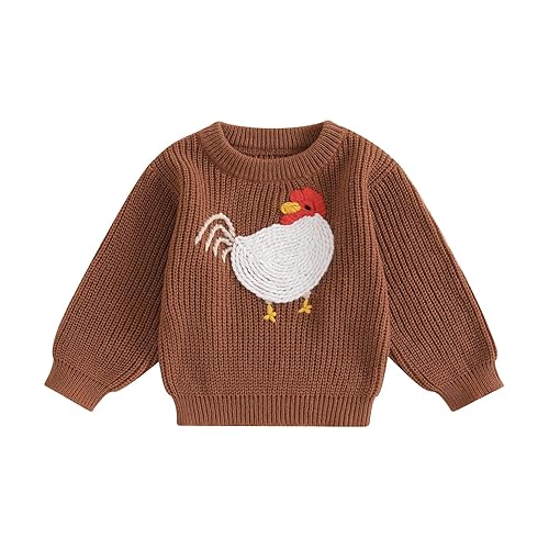 Toddler Baby Girl Boy Knit Sweater Rooster Embroidery Western Country Sweatshirt Oversized Tops Fall Winter Clothes - 4-5T - Brown