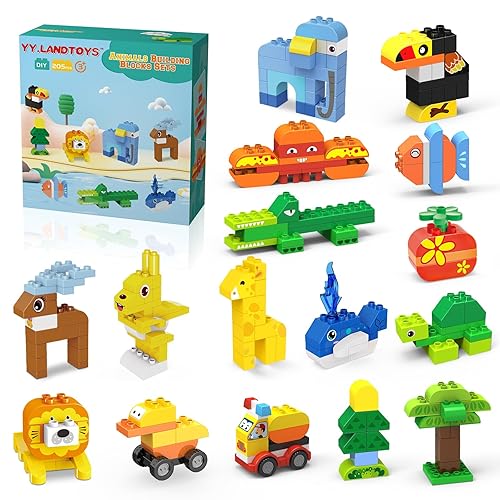 205 PCS Animals Building Blocks Sets/Compatible with DUPLO Blocks LEGOS for Toddlers 3-5/Party Favors for Kids/STEM Large Building Bricks Toys/Classic Big Building Blocks Set for Kids Age 3,4,5,6,7,8+ - 205Pcs Animals Building Blocks
