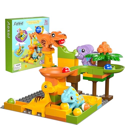 Airkid Marble Runs for Kids 4-8,Marble Run for Kids Ages 3-5 with Dinosaur Building Blocks,Marble Maze Game Toy Set,Dinosaur Toys,STEM Building Toys with 4 Marble Track Compatible with Major Brands