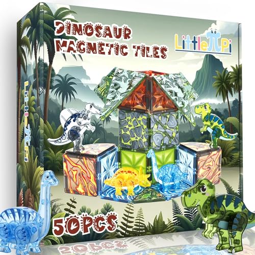 Magnetic Tiles Dinosaur Toys for Kids 3-5 5-7 Toys for Boys Ages 2-4 Magnet Building Blocks Toddler Toy Dinosaurs - Educational Toys for Toddlers 1-3 STEM Learning Resources for Kids Ages 3 4 5 6 7 8 - Dinosaur Animals