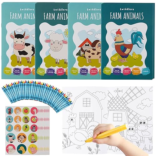 THE TWIDDLERS - 12 Bundle Pack Coloring Books with 48 Crayons & 216 Stickers (Farm Animals) - Mini Coloring Books for Kids Ages 4-8, DIY Art Drawing Activity Book for Toddlers, Birthday Party Favors - Farm Animal