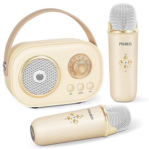 Mini Karaoke Machine for Kids&Adults,Portable Bluetooth Speaker with 2 Wireless Microphones and Stereo Sound Enhanced Bass,Gifts for Girl 3 4 5 6 7 8 9 10 11 12+ Years Old Home Party (Beige) - Beige