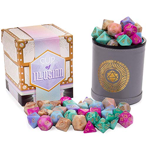 Wiz Dice Cup of Illusion - 35 Polyhedral DND Dice & Dice Shaker Cup & Box for Storage (5 Set of 7 Unique Colors) -Polyhedral Role Playing Dice in Unique Colors - DND Accessories for TTRPG Dice Games - Cup of Illusion
