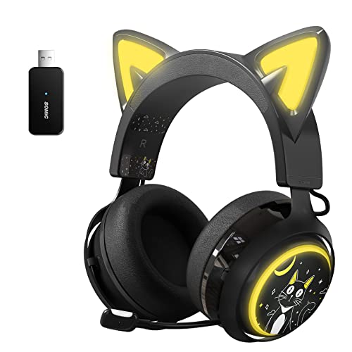 SOMIC GS510 Cat Ear Headset Wireless Gaming Headphones for PS5/ PS4/ PC, Cute Headset 2.4G with Retractable Mic, 7.1 Stereo Sound, 8Hrs Playtime, RGB Lighting (Xbox Only Work in Wired Mode) - Black
