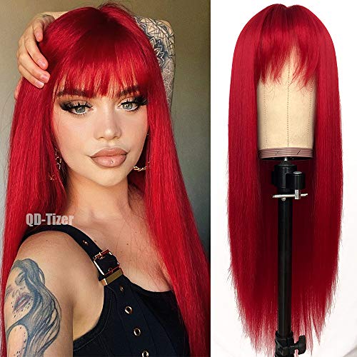 QD-Tizer Red Color Long Silky Straight Wigs with Bangs Synthetic No Lace Wig for Fashion Women Heat Resistant Natural Looking Hair Wig for Party Cosplay - A-red