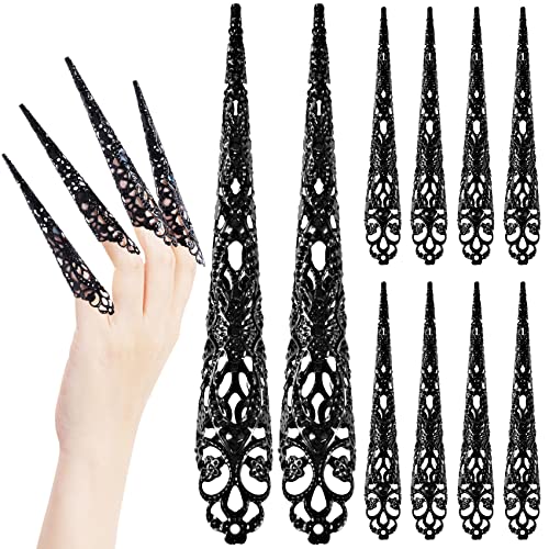 ANCIRS 10 Pack Finger Nail Tip Claw Rings, Ancient Queen Costume Fingertip Claw Nail Rings Decoration Accessory, Finger Knuckle Protectors for Halloween Cosplay Drama Dance Show- Black - 10pcs Black