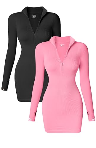 OQQ Women's 2 Piece Dresses Sexy Ribbed Zip Front Long Sleeve Tops Mini Dress - Medium - Candypink,black