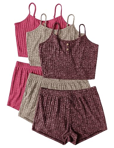 Ekouaer 3 Sets for Women Ribbed Pajamas Crop Cami Top and Shorts Pjs Casual Sleeveless Button Lounge Set Sleepwear S-XL - Small - Purple Apricot Pink