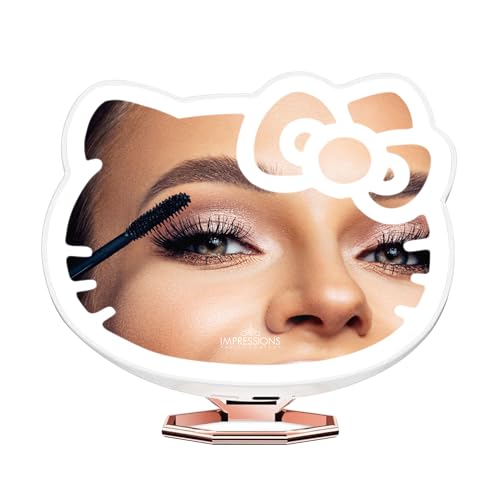 Impressions Vanity Hello Kitty 3X Magnifying Pocket Mirror with Stand, Adjustable Brightness Daylight LED Lighted Compact Makeup Mirror for Desk, Travel, Purse (White) - White