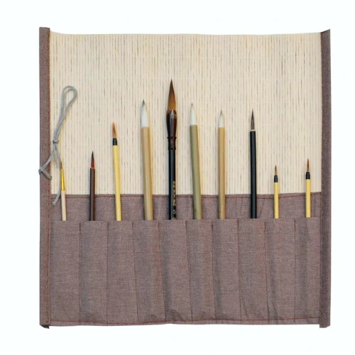 Set de 10 pensule profesionale pentru pictura si caligrafie, pictura profesionala, caligrafie, acuarela, desen japonez Sumi Kanji, suport din bambus, fibre naturale, maner partial din bambus