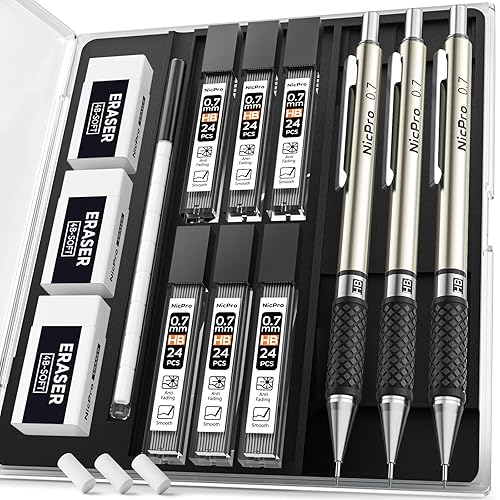 Nicpro 0.7 mm Art Mechanical Pencil Set in Storage Case, 3 PCS Metal Drafting Pencil Lead Pencil with 6 Tube HB Lead Refills, 3 Erasers, 9 PCS Eraser Refills for Artist Writing, Drawing, Sketching - 3 Pack - 0.7mm