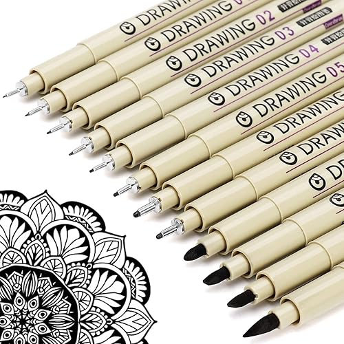 Muchcute Micro Fineliner Drawing Art Pens: 12 Black Fine Line Waterproof Ink Set Artist Supplies Archival Inking Markers Liner Sketch Outline Anime Gifts Manga Sketching Watercolor Zentangle Kit Stuff - 12 Tip Sizes