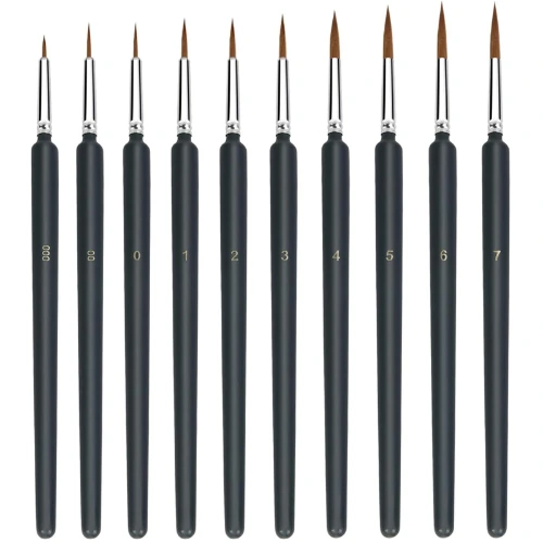 Set 10 Pensule De Precizie, Zggzerg, Diferite dimensiuni, Designul ergonomic, Moale si durabil, Pentru acuarela acrilica, ulei, nail art pe fata, detalii in miniatura si pictura pe stanca, Lemn/Nylon, Negru