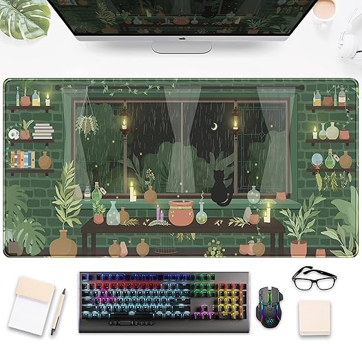Cute Rainy Night Desk Mat Green Plants Desk Pad, Anime Black Cat Kawaii Large Gaming Mouse Pad, Moonlight Fireflies Deskmat Aesthetic Mousepad XXL, Laptop Keyboard Pad for Women Desk 31.5"x15.75" - Dark Green Leaves