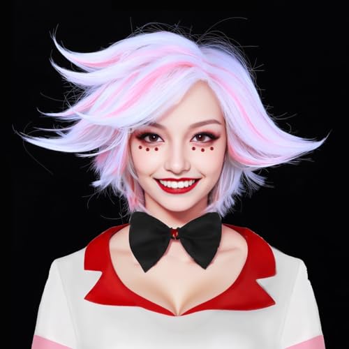 ColorGround Short White Wig with Pink for Women (White with Pink)
