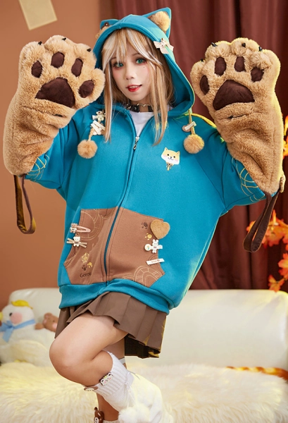 Gorou Derivative Pullover Hoodie with Detachable Bag Design Furry Paw Gloves Genshin Impact Kawaii Dog Ear Zipper Hoodie