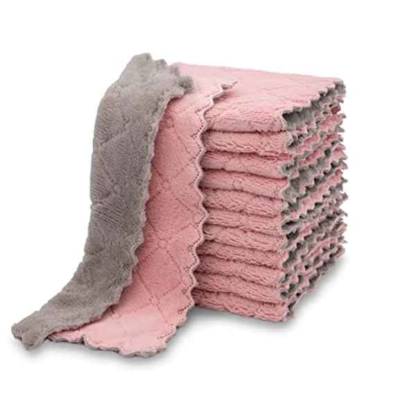 kimteny 12 Pack Kitchen Cloth Dish Towels, Premium Dishcloths, Super Absorbent Coral Velvet Dishtowels, Nonstick Oil Washable Fast Drying (Pink-Grey)