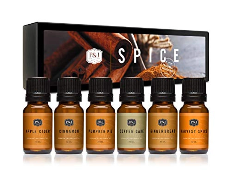 P&J Fragrance Oil Spice Set | Cinnamon, Harvest Spice, Apple Cider, Coffee Cake, Gingerbread, and Pumpkin Pie Candle Scents for Candle Making, Freshie Scents, Soap Making Supplies, Diffuser Oil Scents