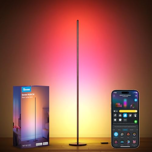 Govee RGBIC Smart Corner Floor Lamp, Standing Lamp Alexa APP Control, Smart Floor Lamp with Reactive Music Mode, 61+ Dynamic Scene, Color Changing, Modern Floor Lamp for Living Room, Bedroom, Kitchen - Black