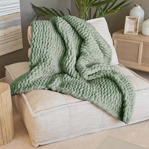 BIRCHIO Beige Extra Soft Chunky Knit Blanket Throw, 100% Hand Knit with Chenille Yarn, Super Fluffy and Extra Soft, Big Throw Blanket (Sage Green, 50"x60") - Olive Green - 50"x60"